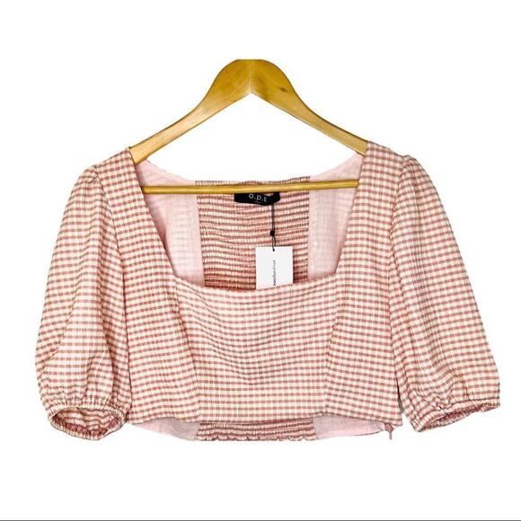 O.P.T. One Pretty Time Gingham Puff Sleeve Crop Top Square Neck Pink/White - Picture 10 of 10
